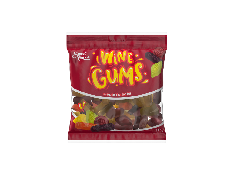 Påse vingummi med smaker av rom, konjak och portvin.