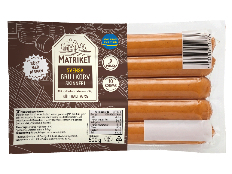 Förpackning med skinnfri grillkorv, 76% kötthalt, mild och alspånsrökt.