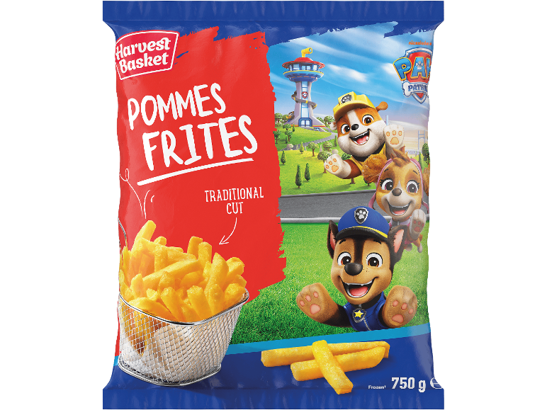 Förpackning pommes frites med seriefigurer, 750g.