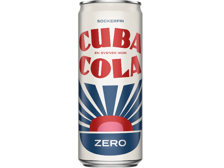 Vit läskburk med röd text 'CUBA COLA' och blå strålar, längst ner 'ZERO'.
