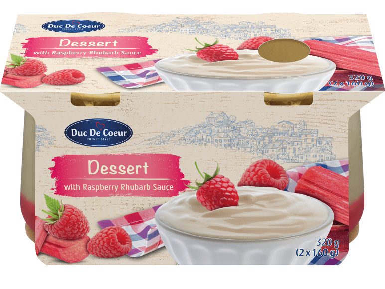 Dessert med hallon- och rabarbersås, 320 g (2x160 g).