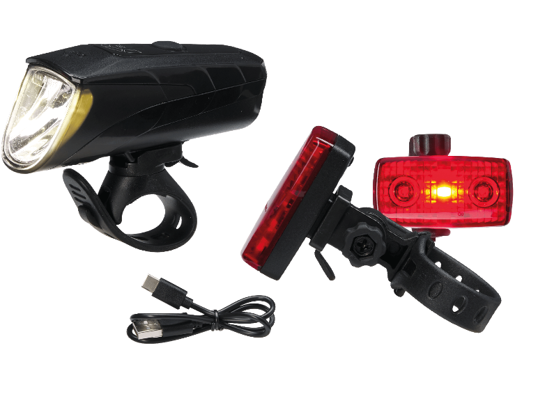Cykelbelysningsset: en LED-framlampa, två LED-baklampor och en USB-laddningskabel.