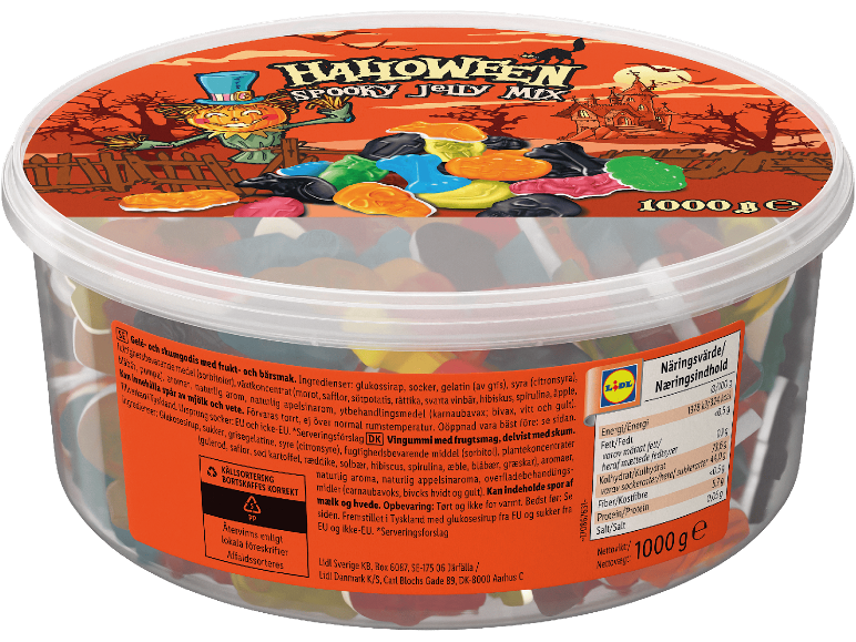 Halloween Spooky Jelly Mix 1000g burk med färgglatt gelégodis.