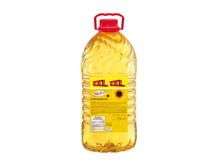 XXL solrosoljeflaska, 7,5 liter, med näringsinformation.