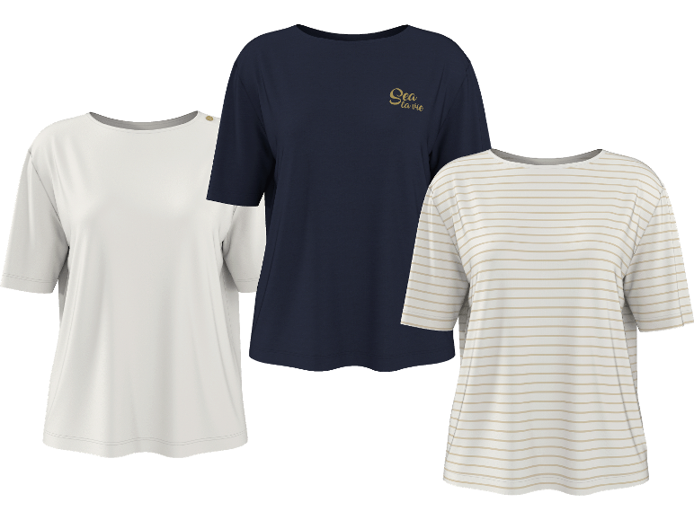 Tre dam-T-shirts: en vit, en marinblå med texten 'Sea la vie' och en randig.