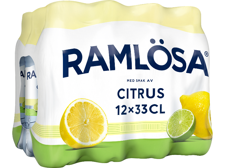 Förpackning med kolsyrad dryck med citrussmak, 12x33cl, med citron- och limeklyftor.