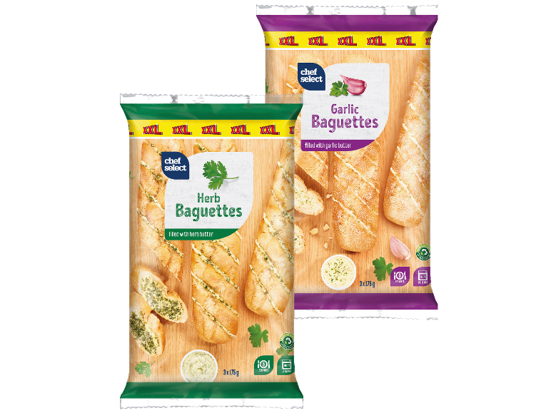 Två XXL baguetteförpackningar: en örtkryddsmör, en vitlökssmör, båda 3x175g.