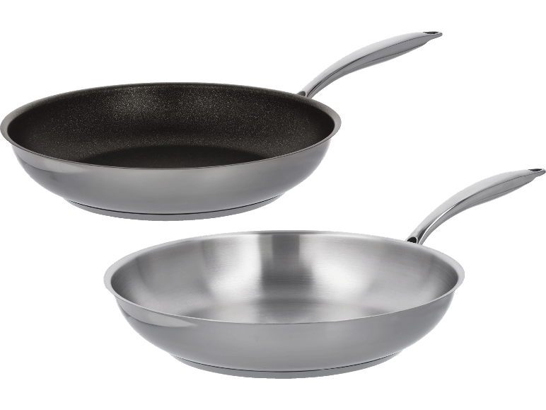 Två stekpannor, en med non-stick beläggning och en i rostfritt stål.