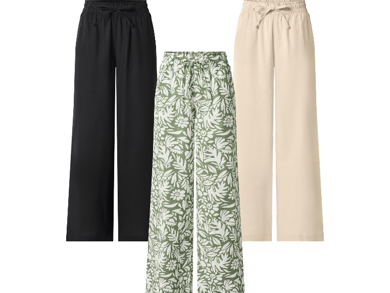 Tre par vida byxor: svarta, grönblommiga och beige.