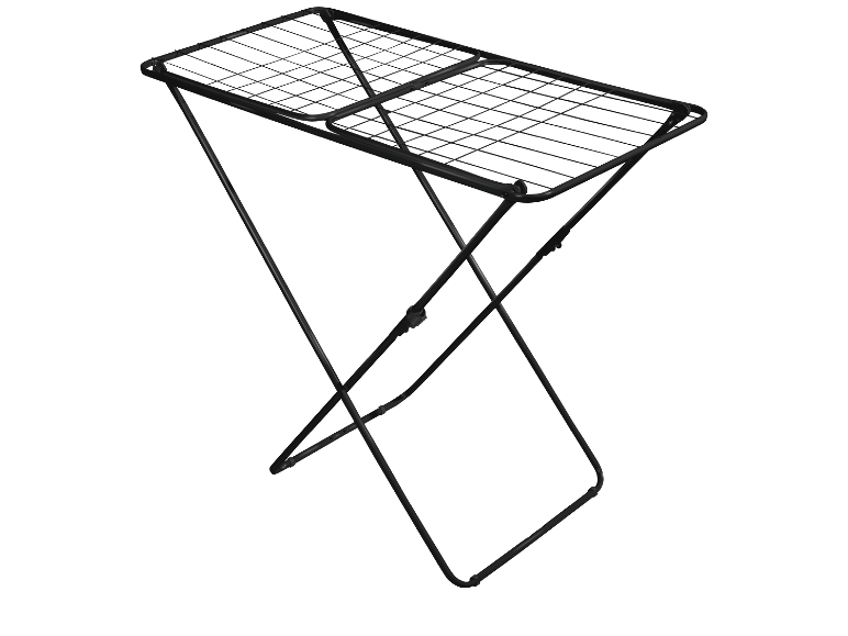 Svart, hopfällbar torkställning med två torkytor.