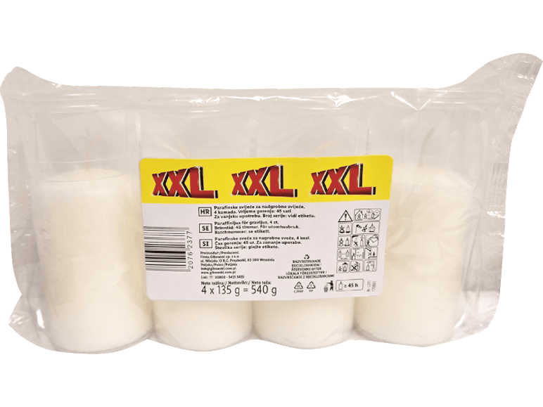 Förpackning med fyra vita XXL gravljus