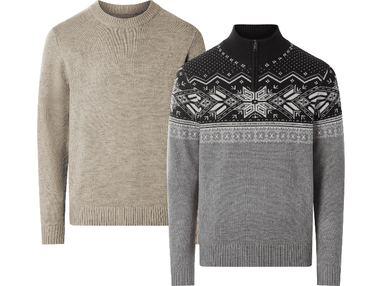 ESMARA MEN stickade tröjor: en beige rundhalsad och en grå mönstrad med halv dragkedja.