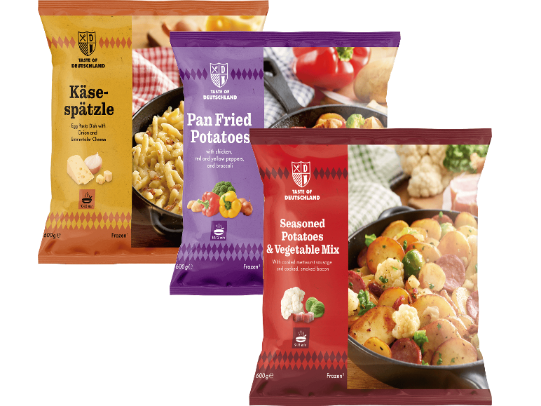 Tre förpackningar med frysta tyska rätter: Käsespätzle, stekt potatis och kryddad potatis
