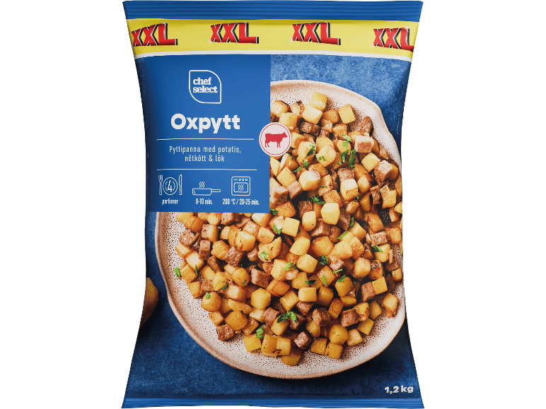 Förpackning fryst oxpytt med potatis och lök, 1,2 kg.