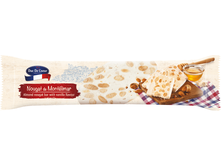 Mandel-nougatbar med vaniljsmak, honung och nötter, fransk stil.