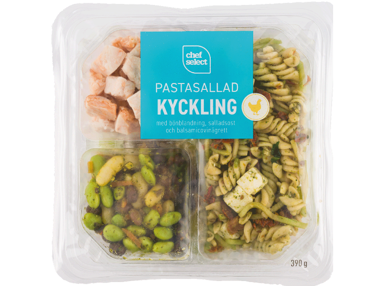 Pastasallad med kyckling, bönblandning och balsamicovinägrette i förpackning.