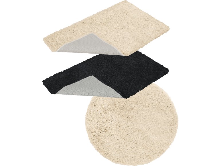 Livarno: Set med tre badrumsmattor i beige och svart, rektangulära och runda.