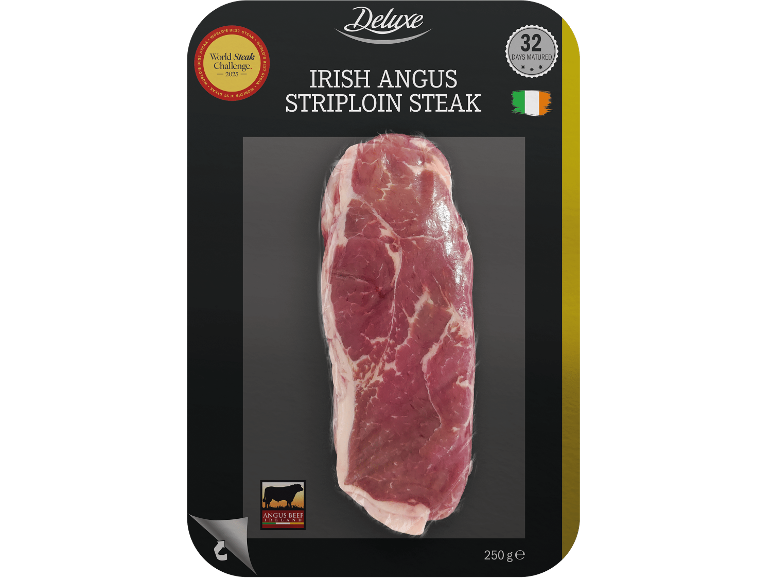 Irländsk Angus ryggbiff, mörad 32 dagar, 250g, med en World Steak Challenge 2025 utmärkelse.