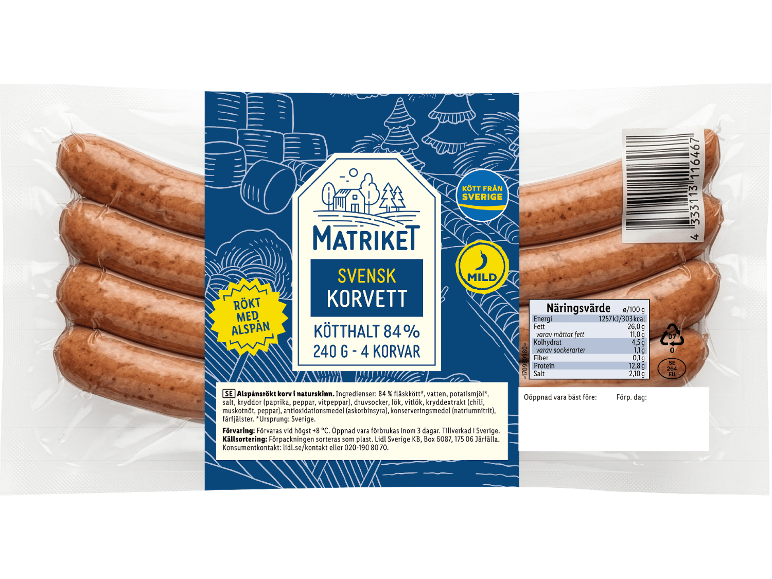 Förpackning med fyra rökta korvar, med produktinformation och näringsvärden.