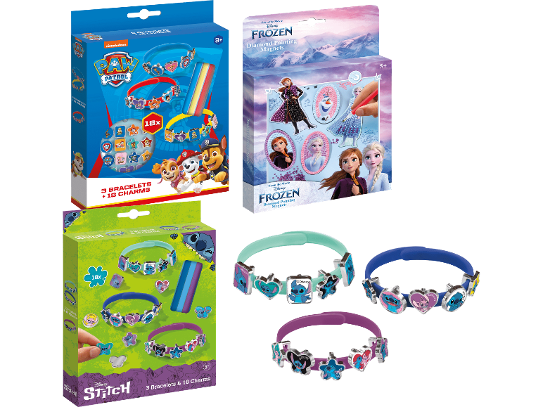 Tre pysselkit: Paw Patrol och Stitch armbandstillverkningskit, samt ett Frozen diamantmålningsmagnetkit.