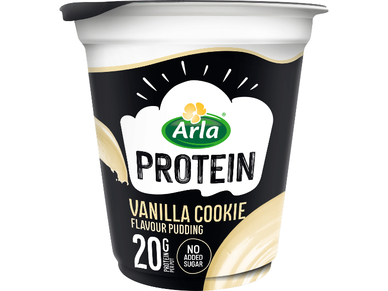 Krämig vanilj- och kakpudding, proteinrik, utan tillsatt socker.