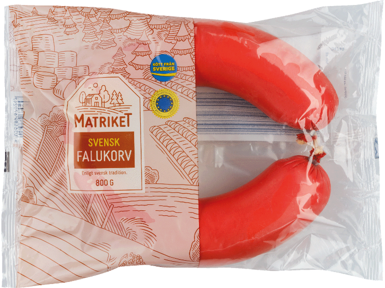 Förpackad svensk Falukorv, 800 g, med kvalitets- och ursprungsmärkning.