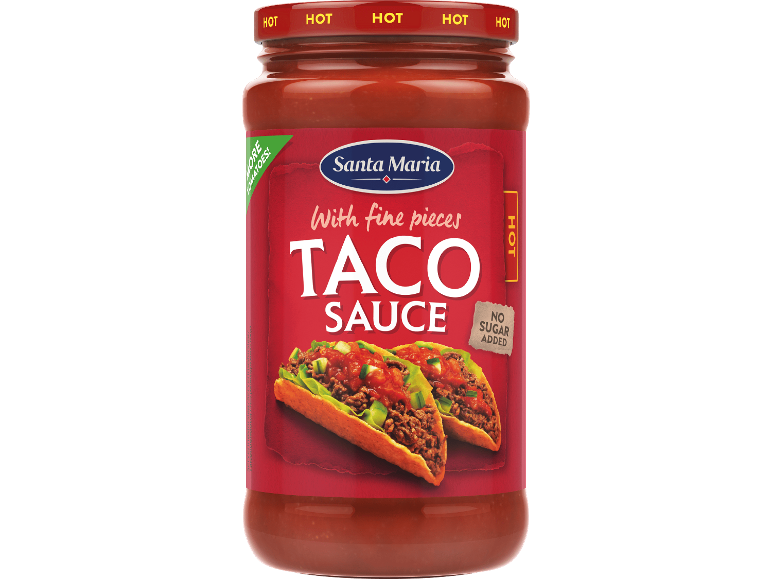 Burk med het tacosås med fina bitar, utan tillsatt socker, och två tacos på etiketten.