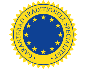 Gul och blå sigill med texten 'GARANTERAD TRADITIONELL SPECIALITET' och 12 stjärnor.