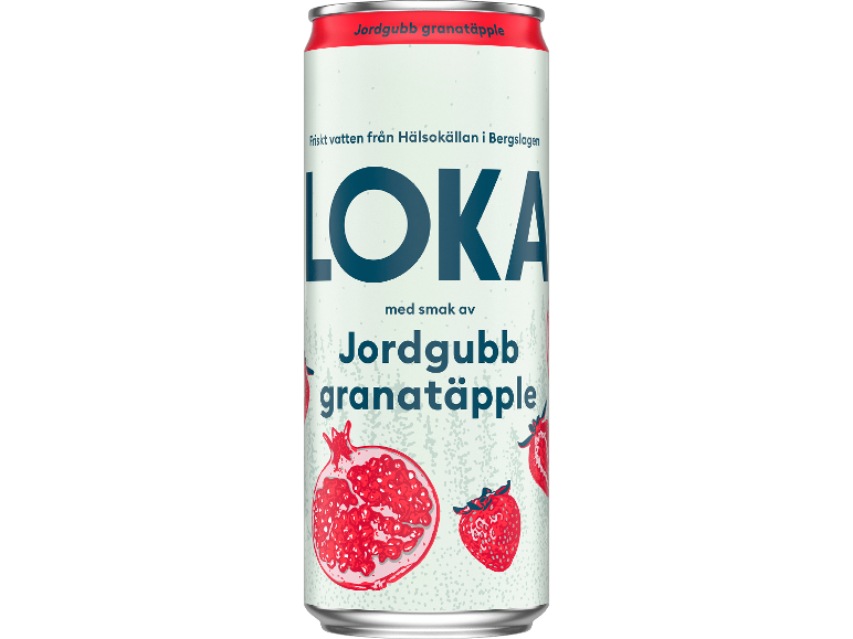 Burk kolsyrat vatten med jordgubbs- och granatäpplesmak, med fruktillustrationer.