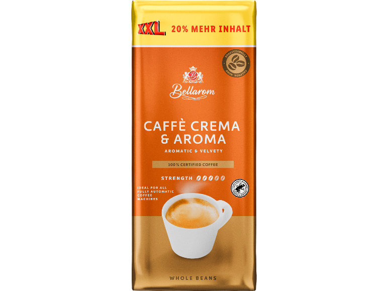 Bellarom Caffè Crema & Aroma XXL kaffebönor, 20% mer innehåll, medelstyrka.