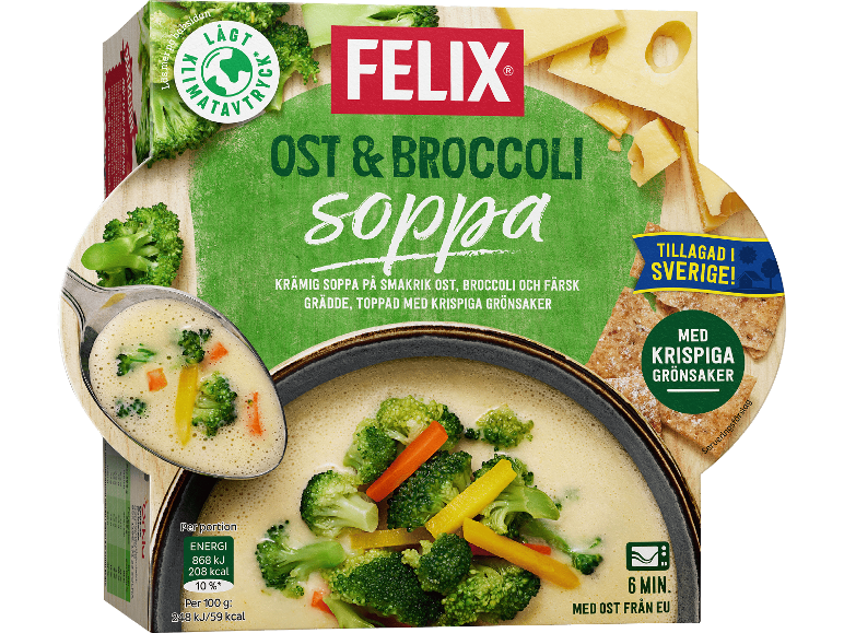 Felix ost- och broccolisoppa, 208 kcal per portion.