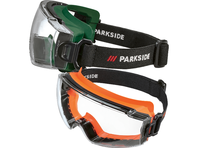 Två skyddsglasögon, ett grönt och ett orange, med texten 'PARKSIDE' på banden.