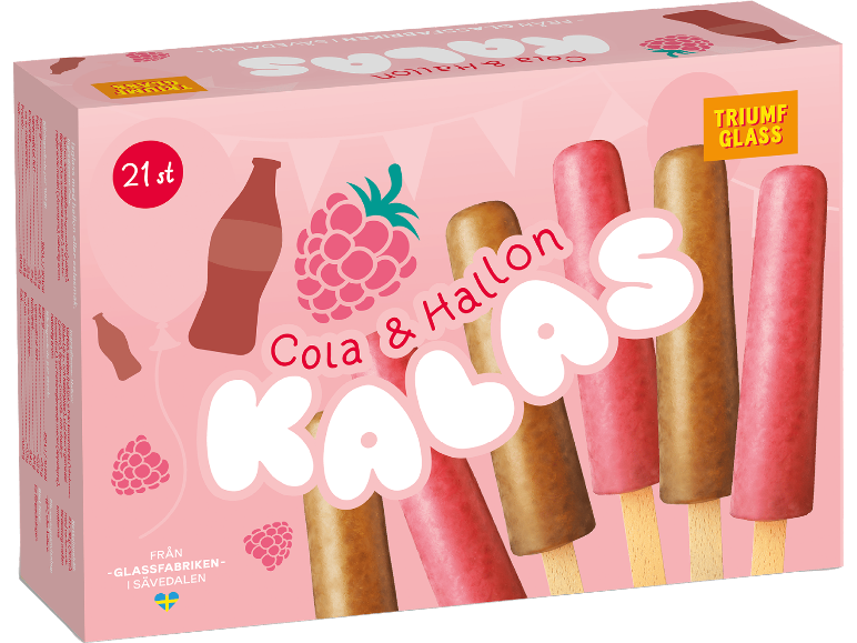 Rosa låda med 21 cola- och hallonglasspinnar, med illustrationer av colaförpackningar och hallon.