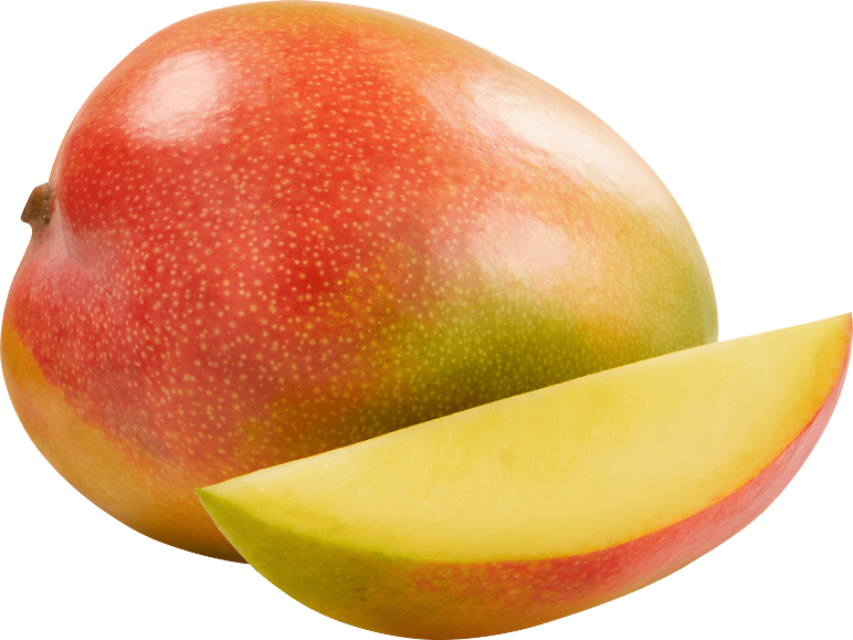 En mogen mango och en skiva med röda, gula och gröna nyanser.