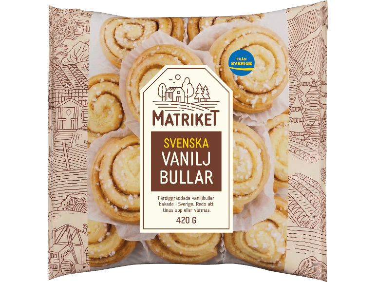 Förpackning svenska vaniljbullar, redo att tinas upp eller värmas, 420g.