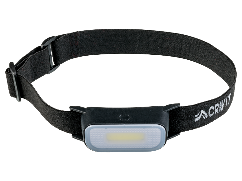 Svart LED-pannlampa med elastiskt band och vit logotyp.