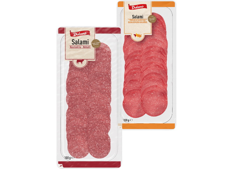 Två förpackningar skivad salami, nötkött och fågel, 100g och 130g
