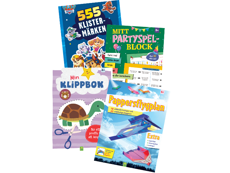 Fyra pysselböcker för barn på svenska, inklusive klistermärken och pappersflygplan.