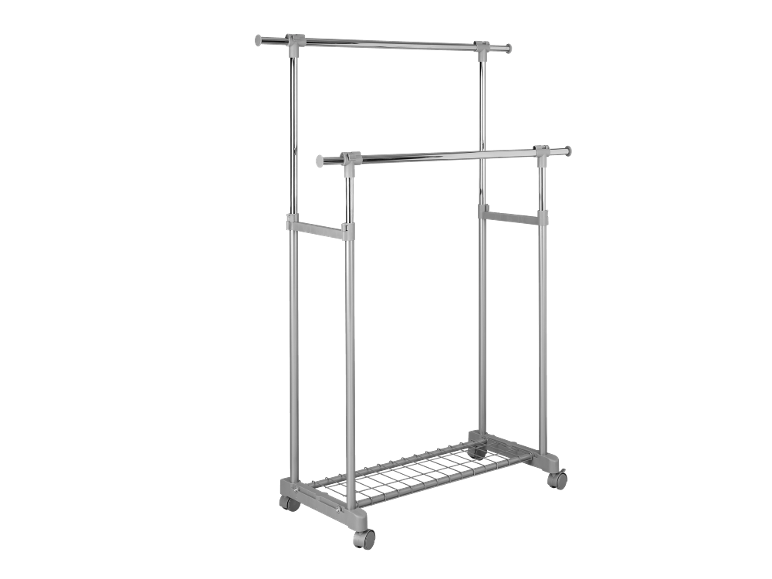 Dubbel klädställning med hjul och en nedre hylla.