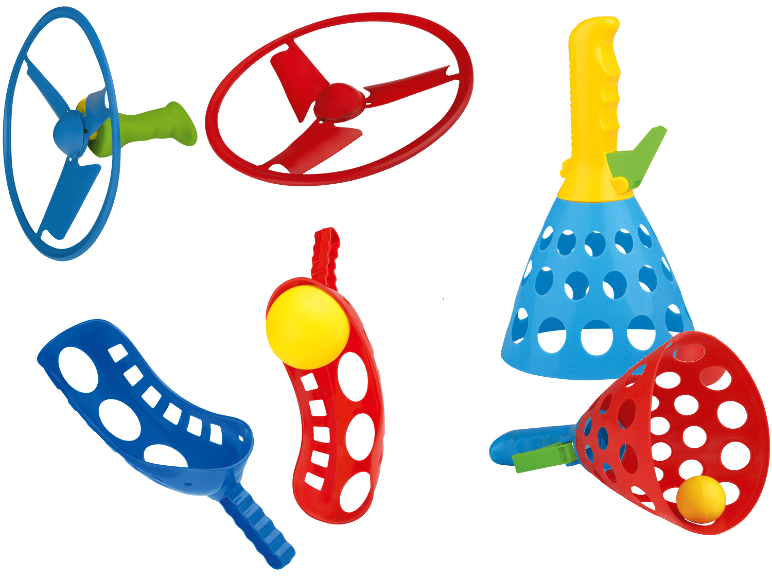 Färgglada utomhusleksaker inklusive propellerkastare och boll- och koppspel.