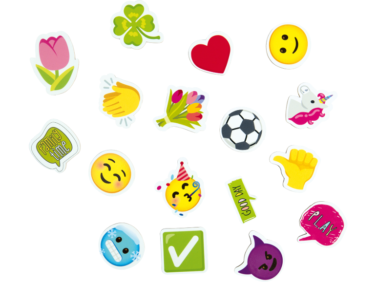 Klistermärkesset med emojis, blommor, klöver, fotboll och texter.