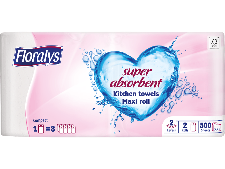 FLORALYS superabsorberande hushållspapper, Maxi rulle, 2 lager, 2 rullar, 500 ark.