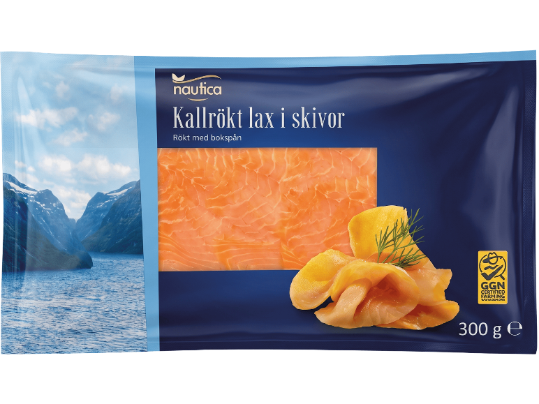 Nautica kallrökt lax i skivor, 300g, GGN-certifierad.