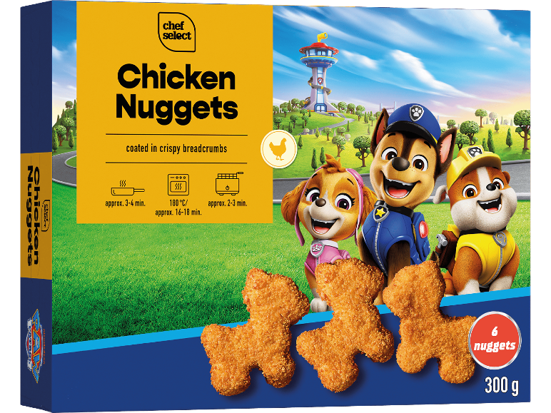 Kycklingnuggets med Paw Patrol-karaktärer och tillagningsinstruktioner.