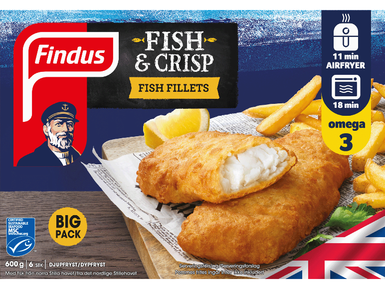 Panerade fiskfiléer med pommes frites, citron och MSC-logotyp, med tillagningstider.