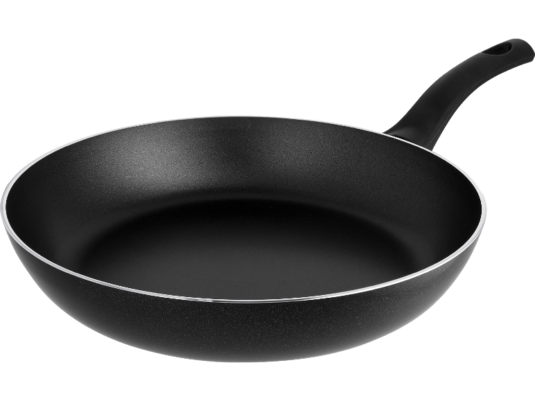 Svart non-stick stekpanna med handtag på svart bakgrund.