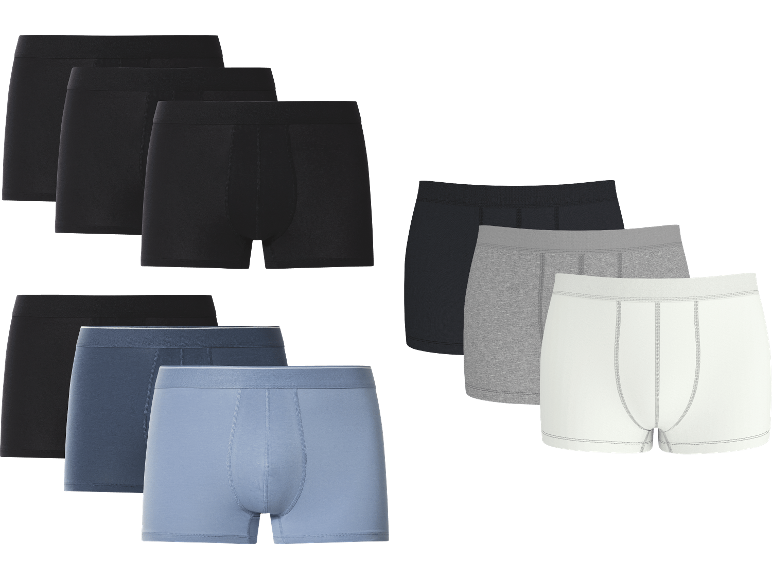 Herrboxershorts i svart, grått, blått och vitt.