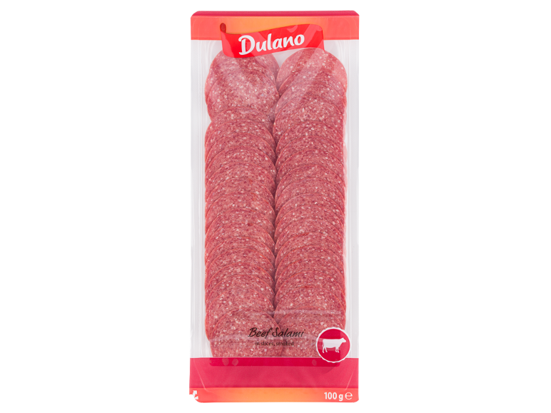 Förpackad nötsalami i skivor, rökt, 100 g.