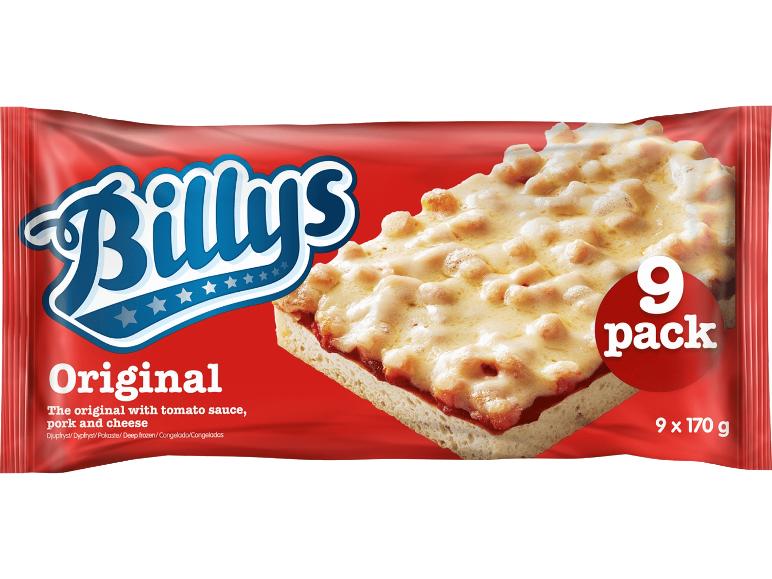 Förpackning med 9 individuella pizzor med tomatsås, fläsk och ost, djupfrysta.