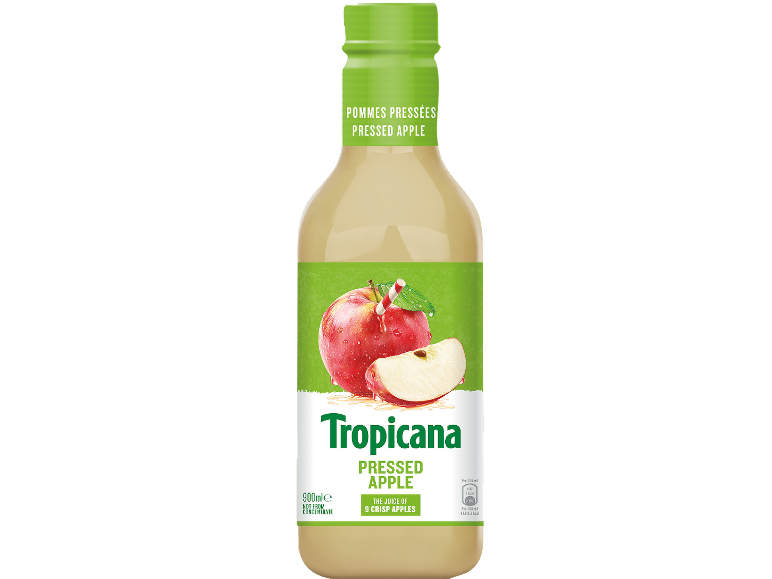 Flaska pressad äppeljuice, 900ml, med bild av ett rött äpple och en skiva.